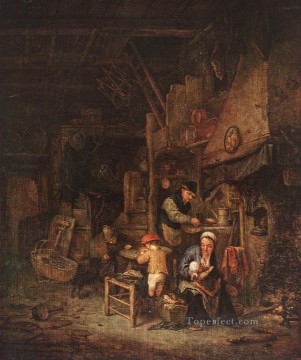 アドリアン ファン オスターデ Painting - 農民家族のインテリア オランダの風俗画家アドリアエン・ファン・オスターデ